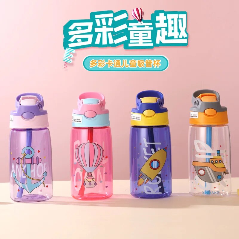 Kids Water Cup with Straw Cartoon Plastic Watter Bottle Portable Baby Water