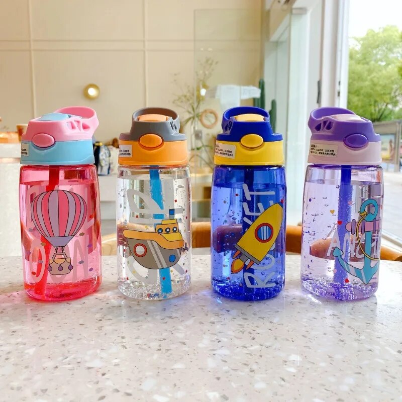 Kids Water Cup with Straw Cartoon Plastic Watter Bottle Portable Baby Water