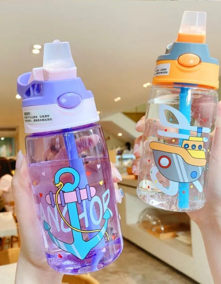 Kids Water Cup with Straw Cartoon Plastic Watter Bottle Portable Baby Water