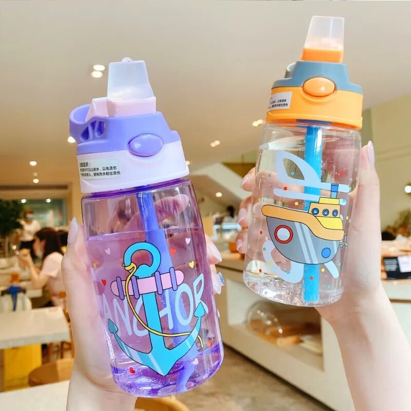 Kids Water Cup with Straw Cartoon Plastic Watter Bottle Portable Baby Water